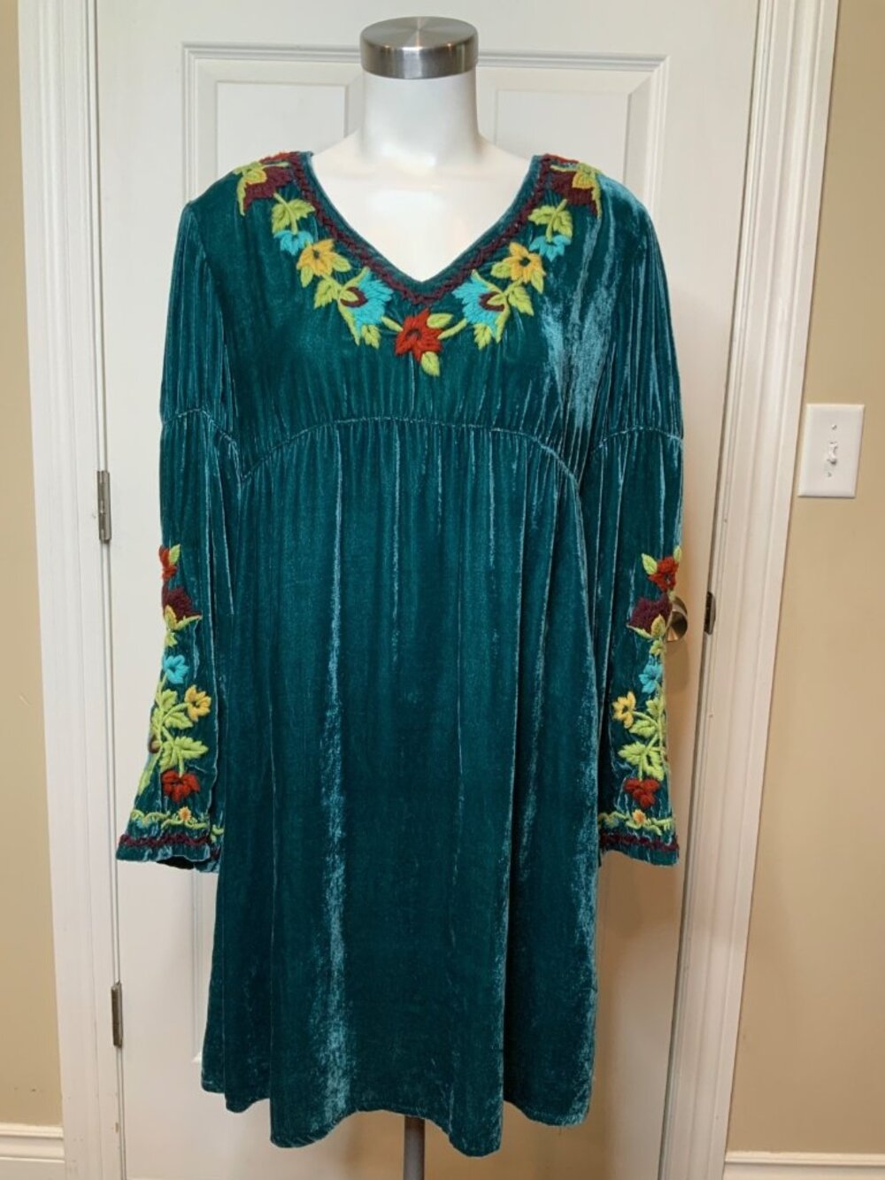 Double D Ranch Dark Teal Green Velvet Floral Embroidered Mini Dress, Size S